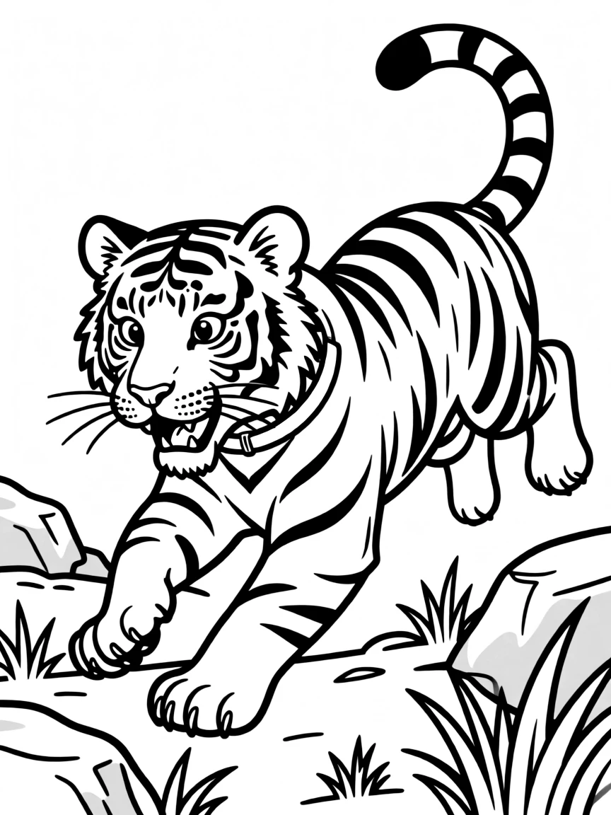 A tiger with stripes pouncing.
