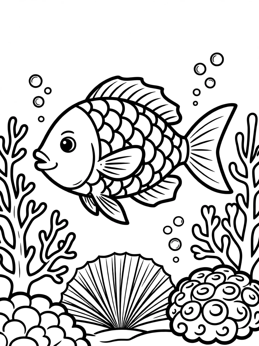 A colorful fish swimming among coral.