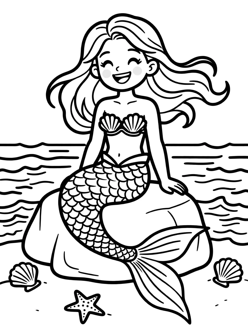 A happy mermaid with a flowing tail.