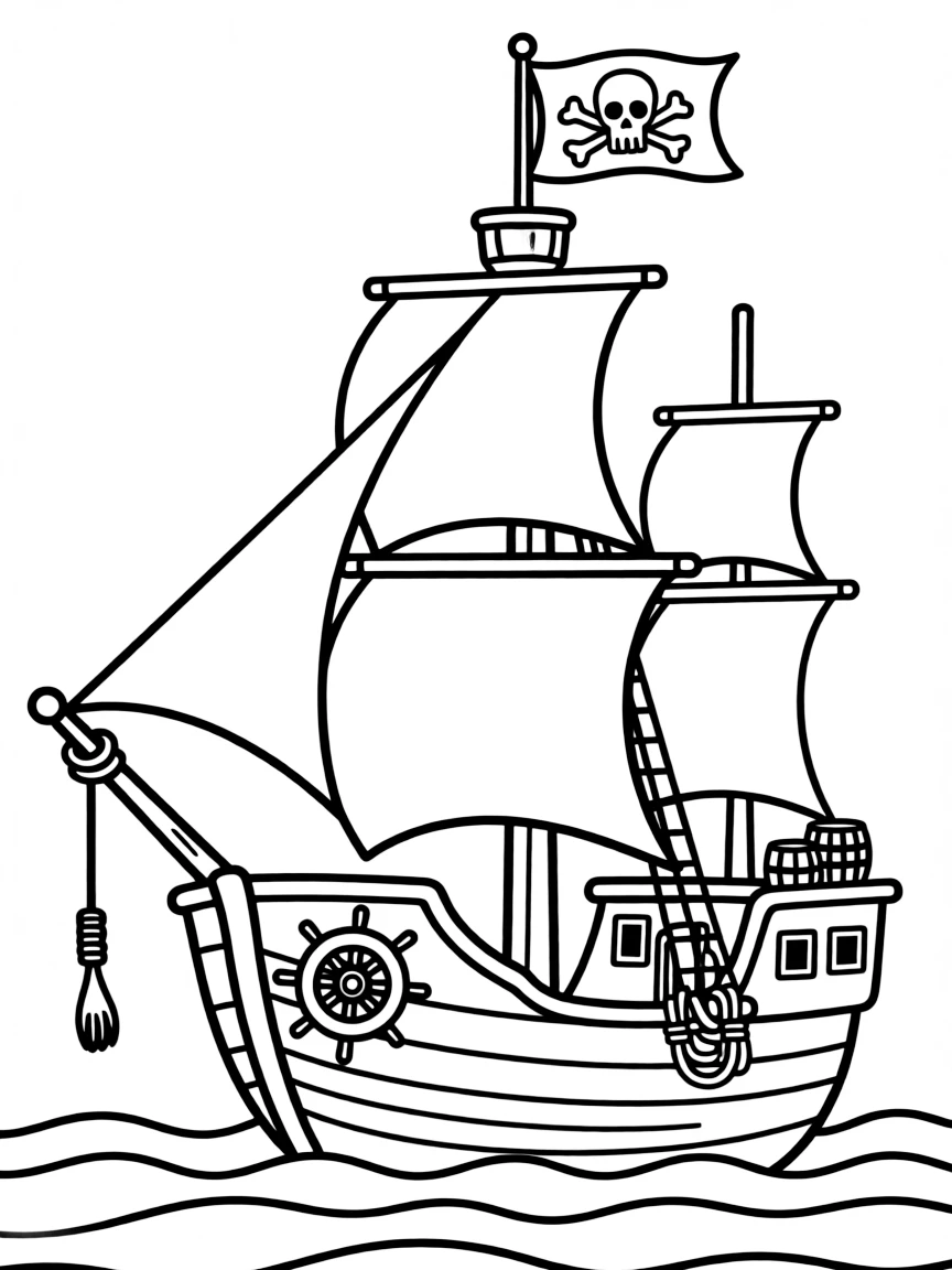 A pirate ship with a skull and crossbones flag.