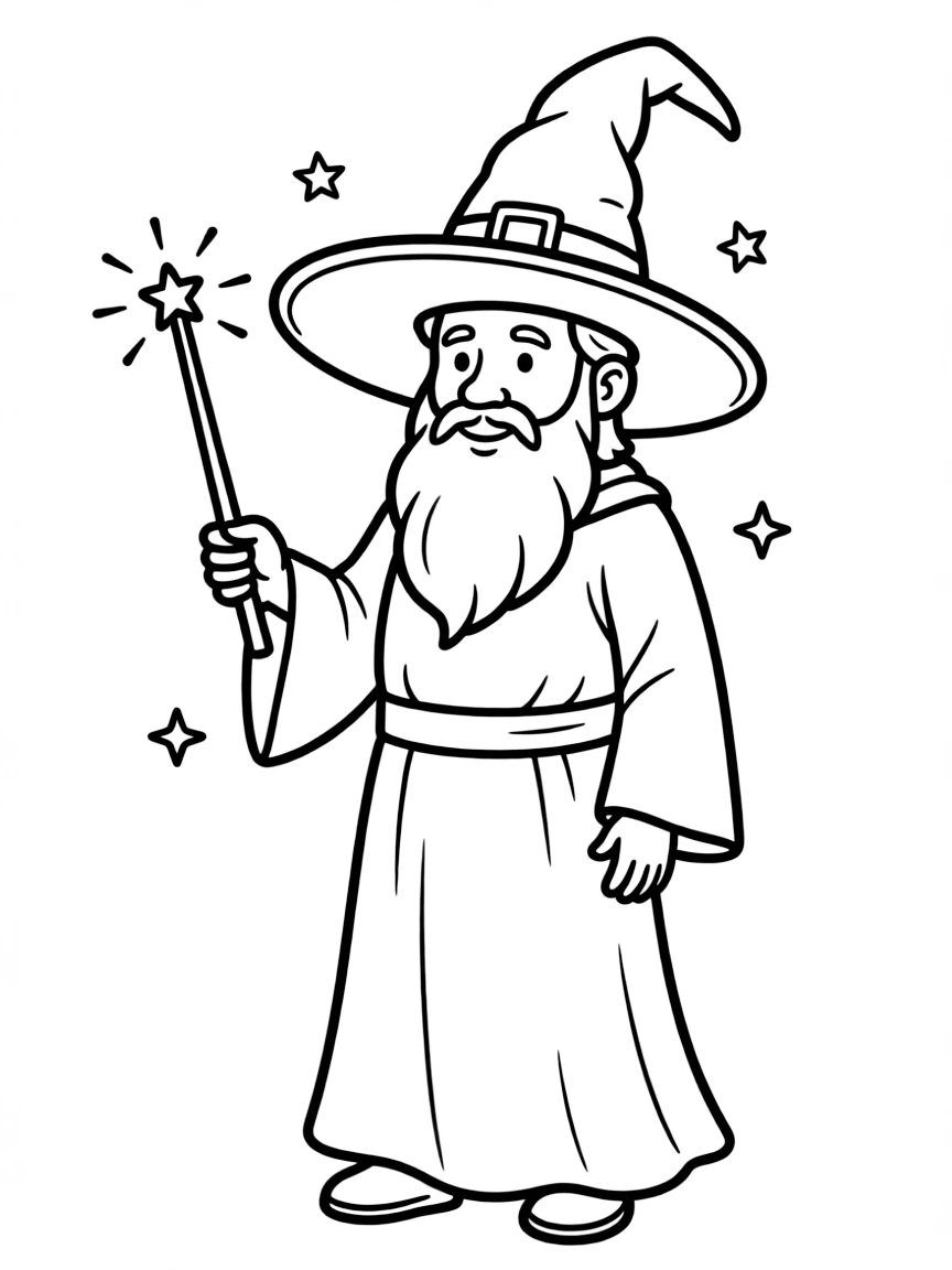 A wizard with a long beard and a magic wand.