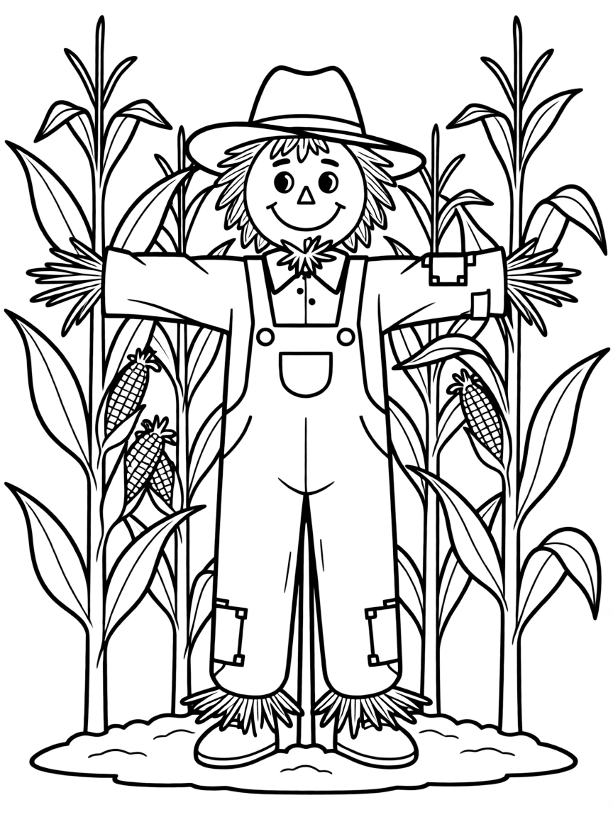 A cheerful scarecrow in a cornfield.