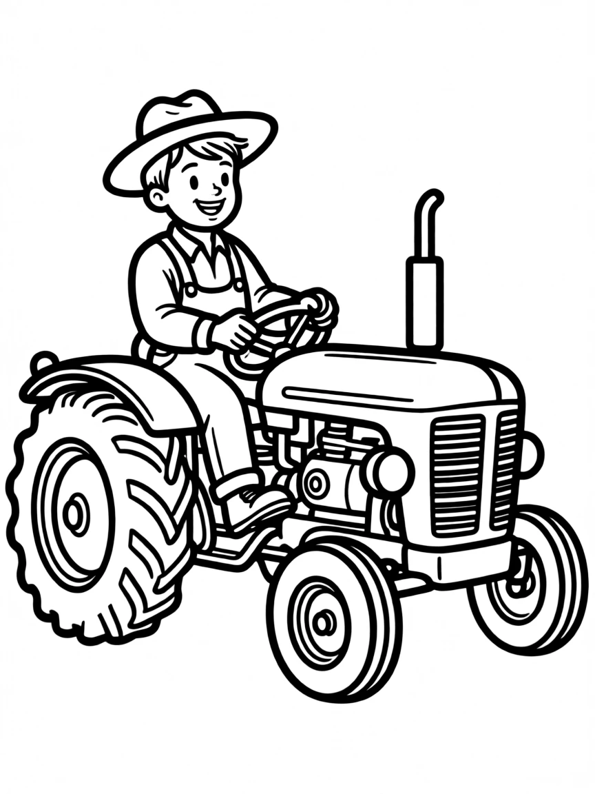 A happy farmer driving a tractor.