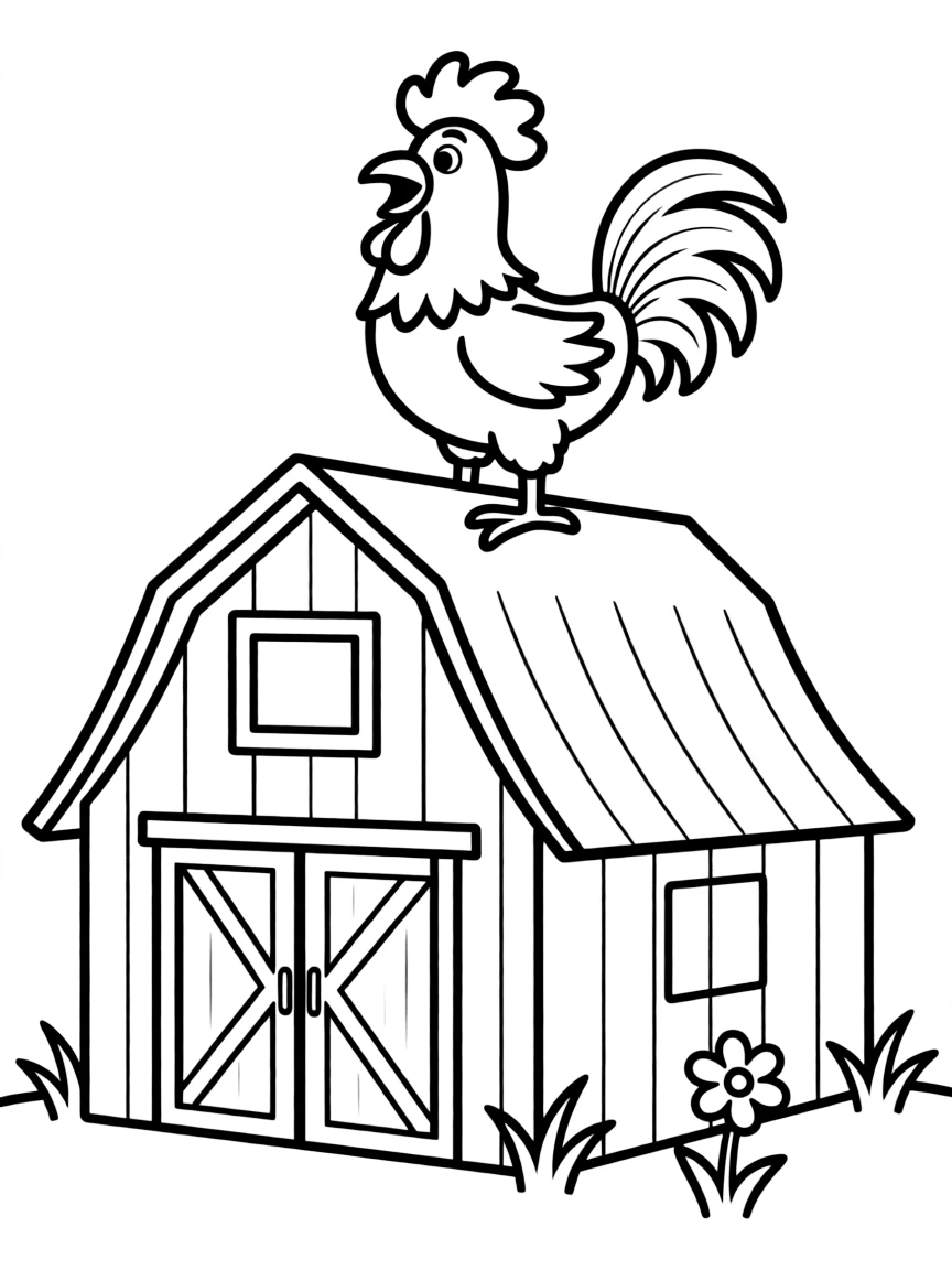 A barn with a happy rooster on top.