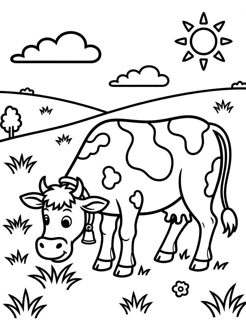 A cow grazing in a field.