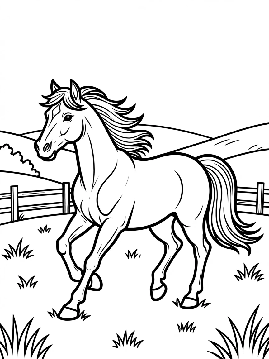 A horse galloping in a pasture.