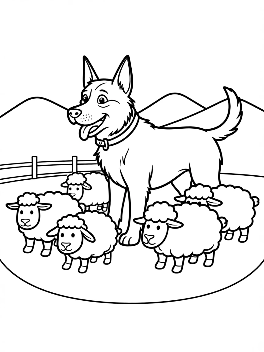 A happy dog herding sheep.