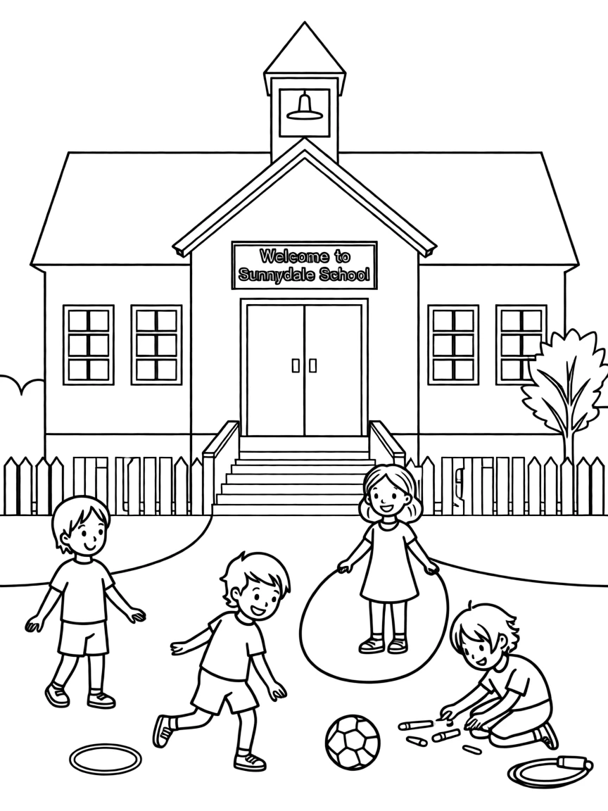 A school building with children playing outside.