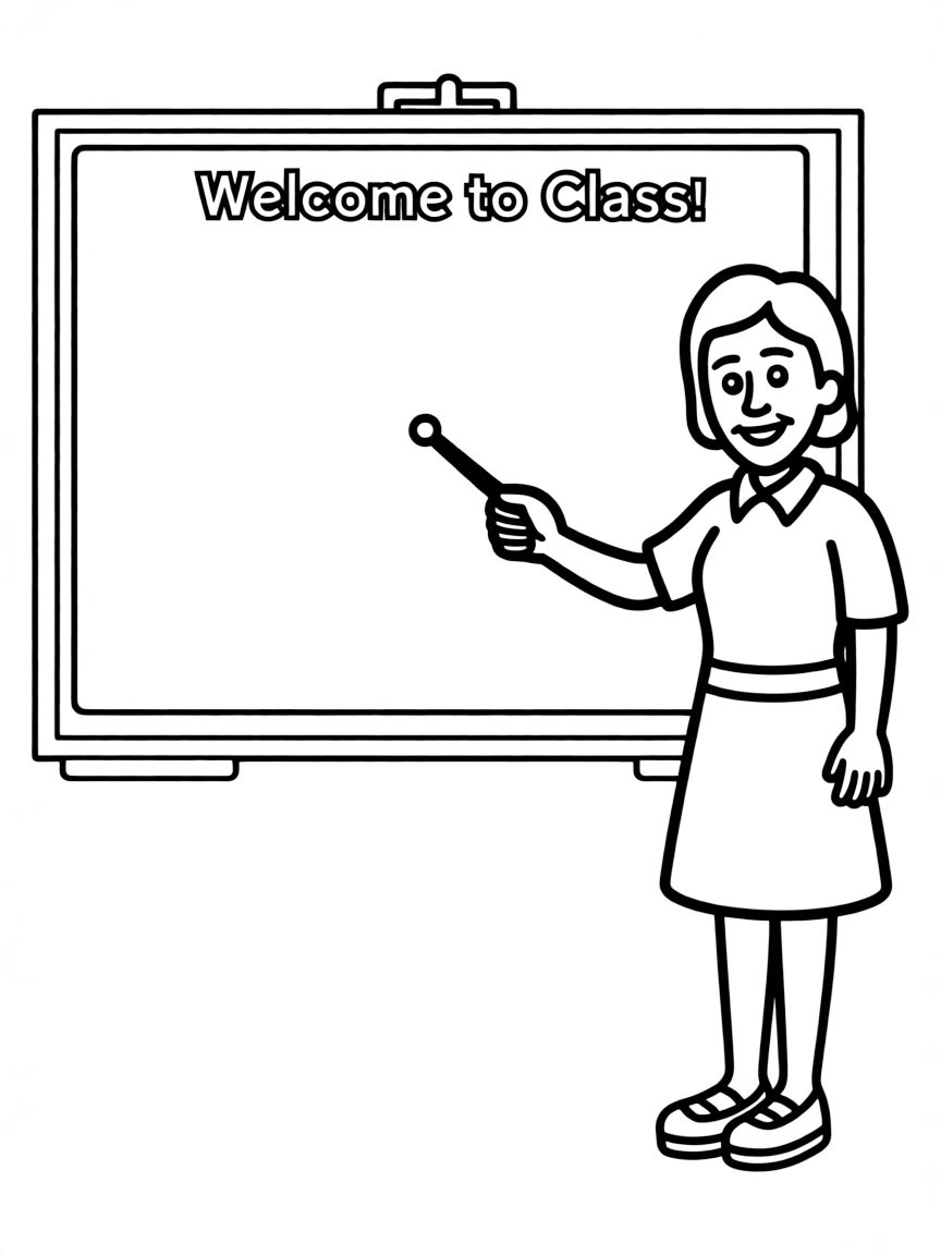 A happy teacher standing next to a whiteboard.