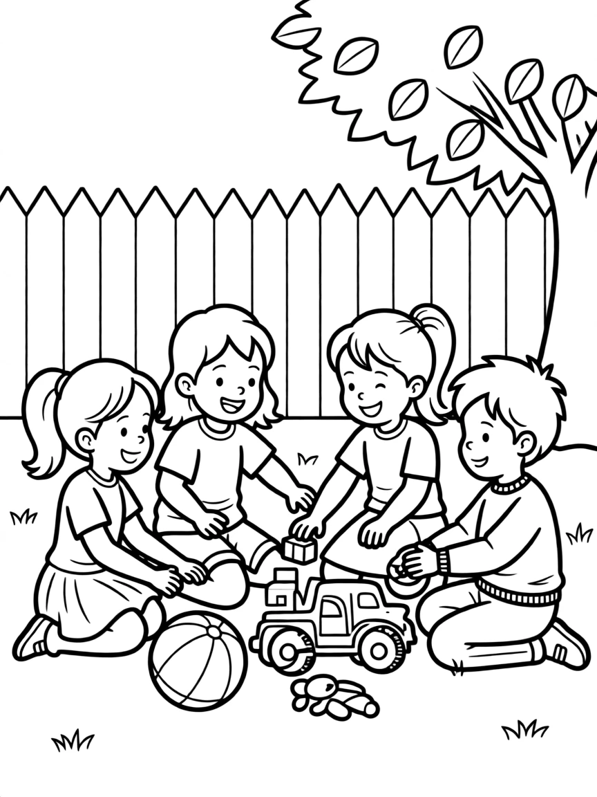 A group of children sharing toys.