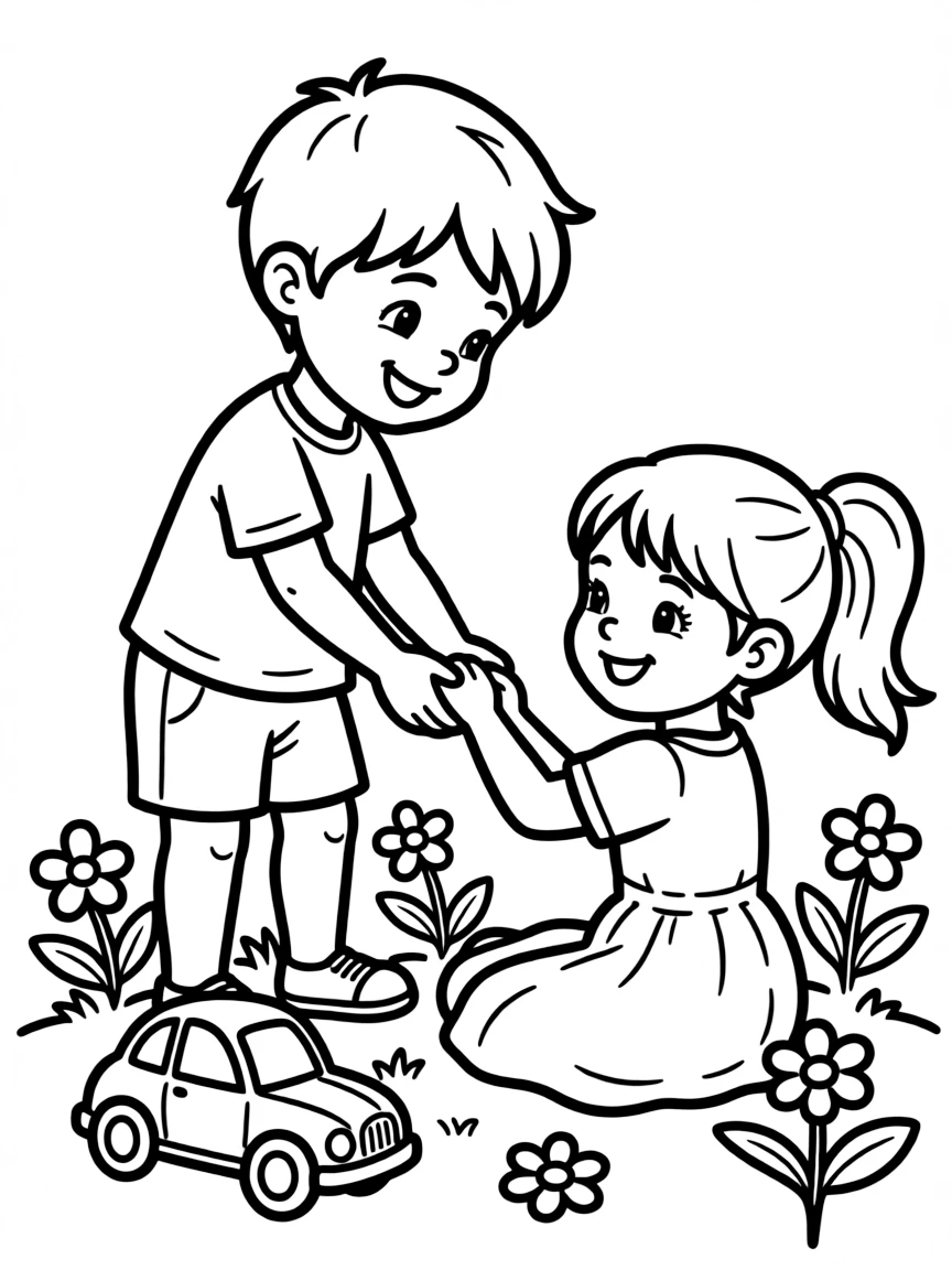 A little boy helping another child.