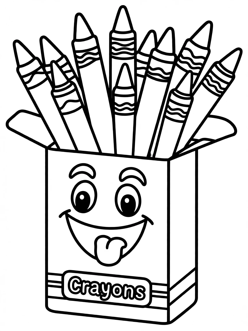 A happy crayon box with crayons peeking out.