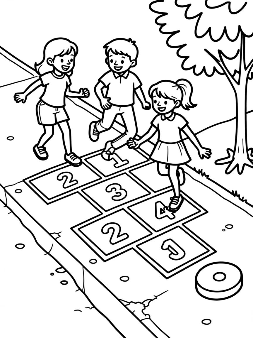 A group of children playing hopscotch.