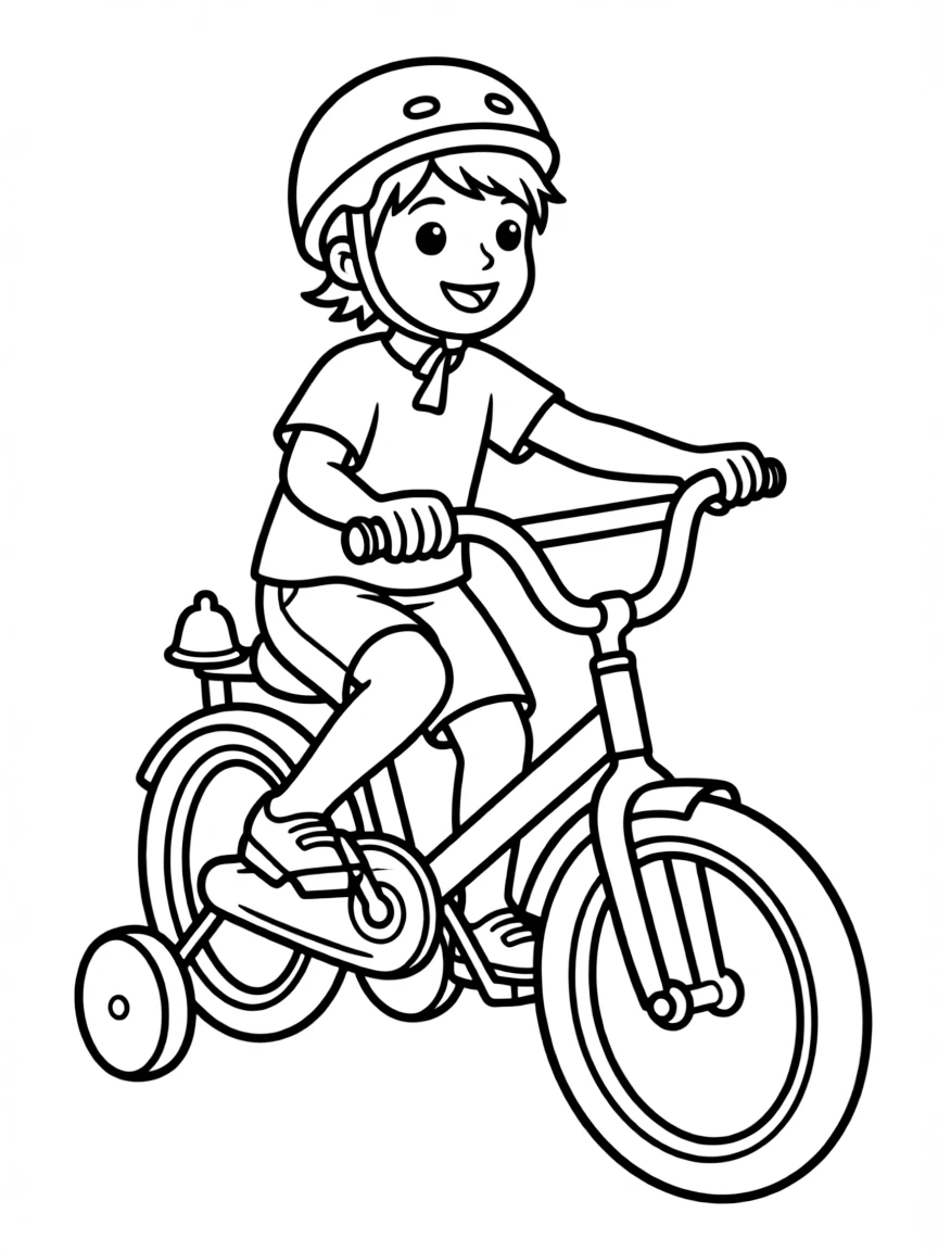 A child riding a bicycle with training wheels.