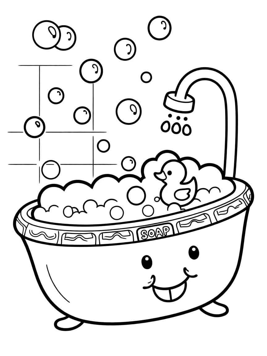 A happy bath tub with bubbles.