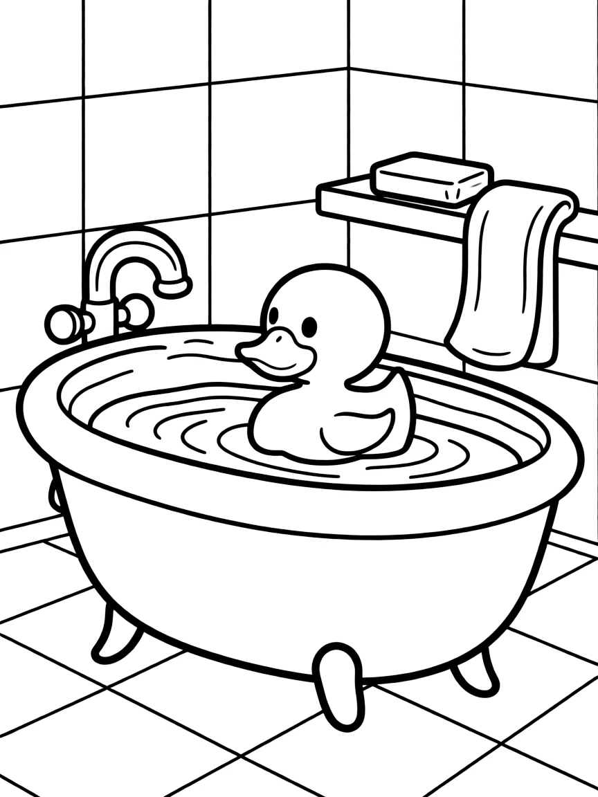 A rubber ducky floating in the tub.
