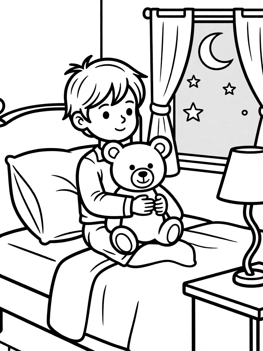 A child going to bed with a teddy bear.