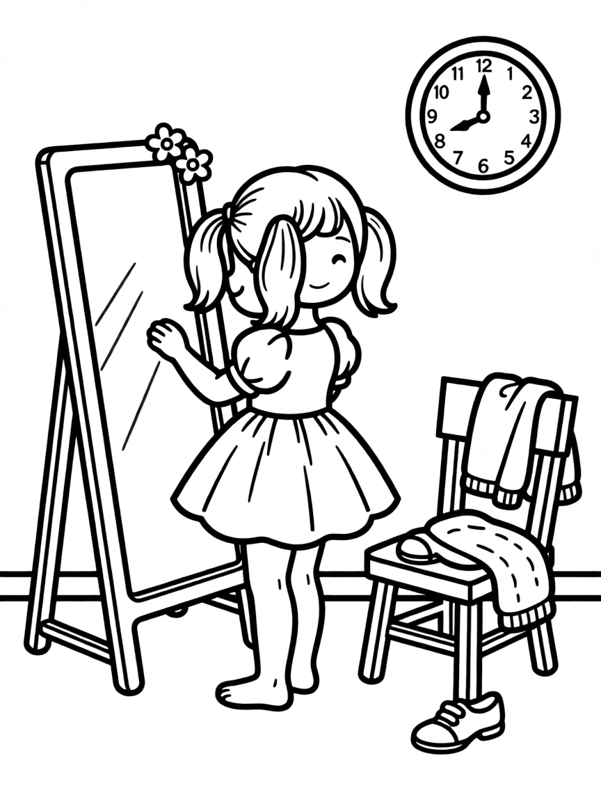 A little girl getting dressed.
