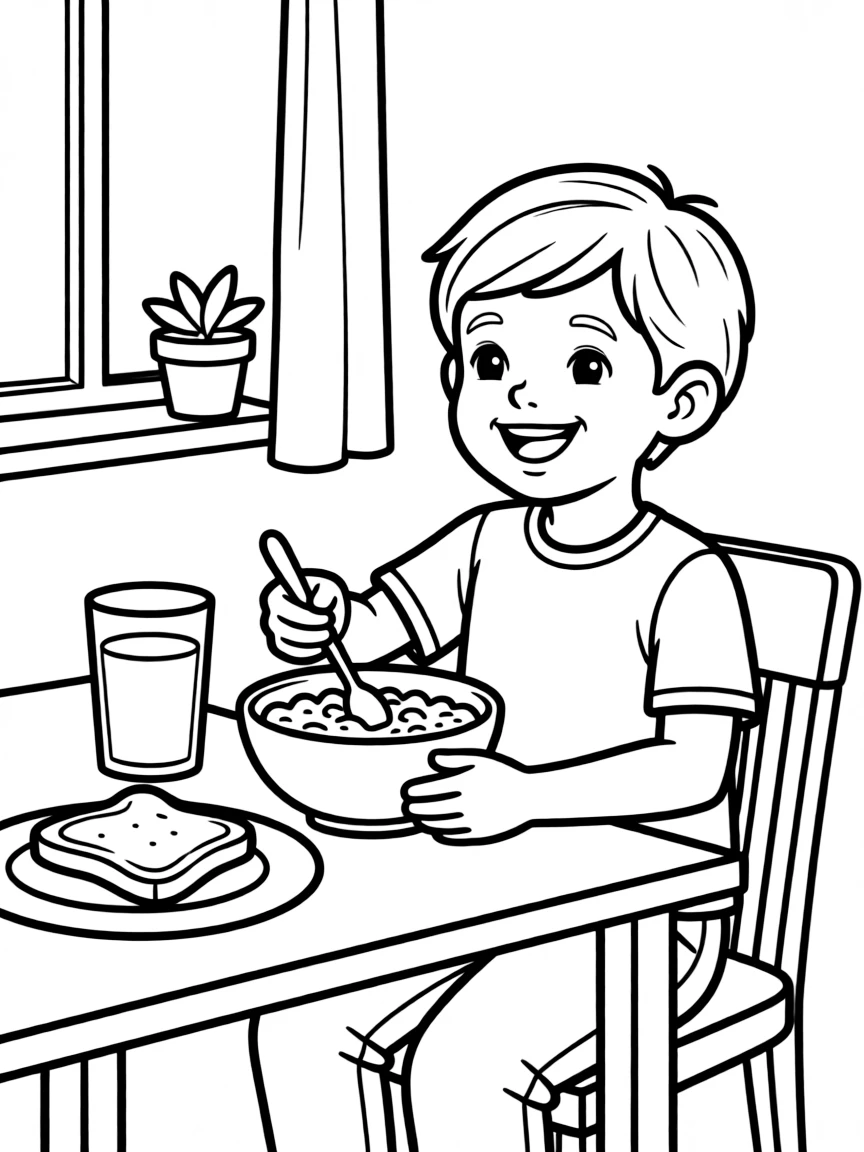 A child eating breakfast.