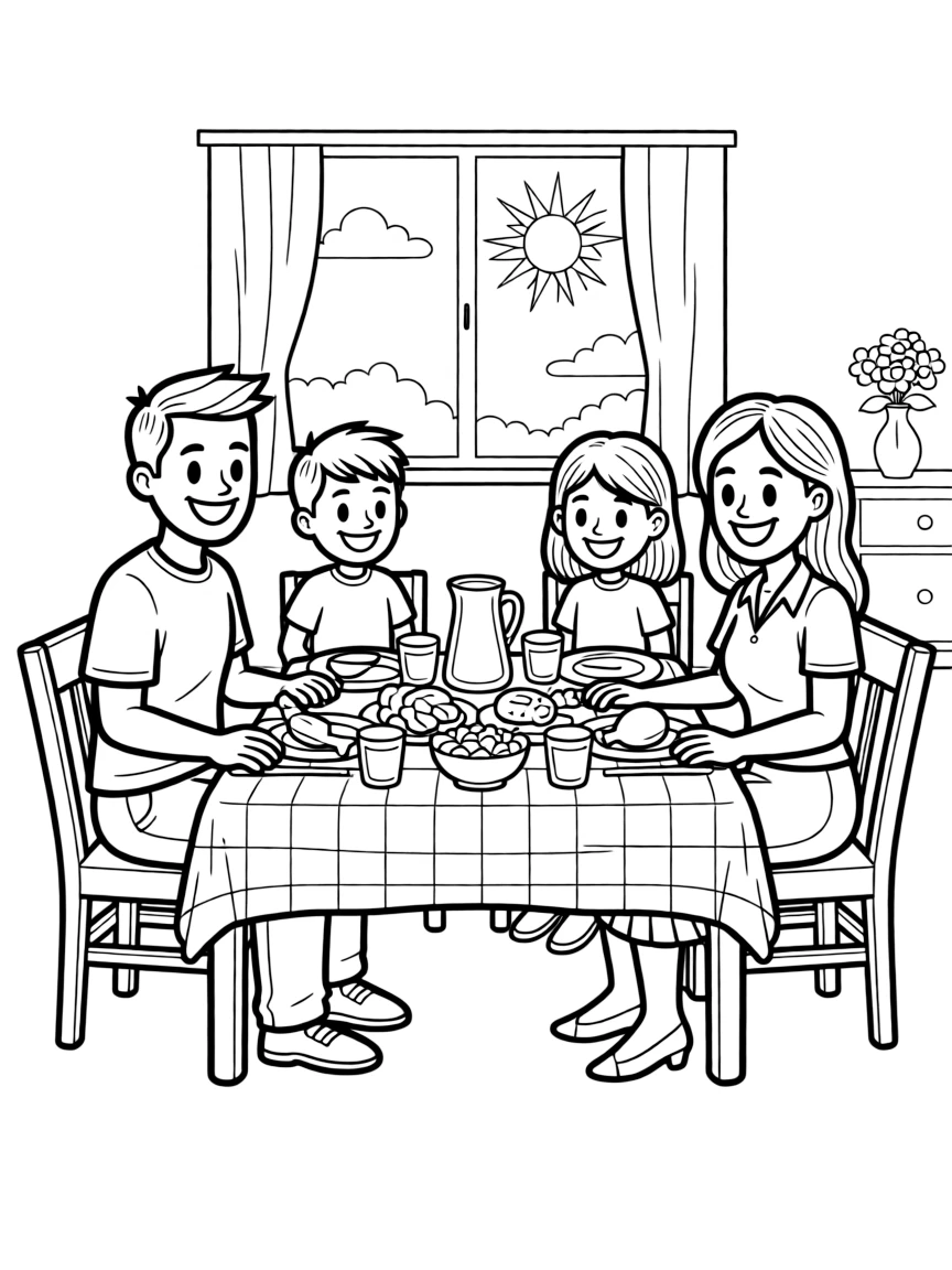 A happy family eating dinner together.