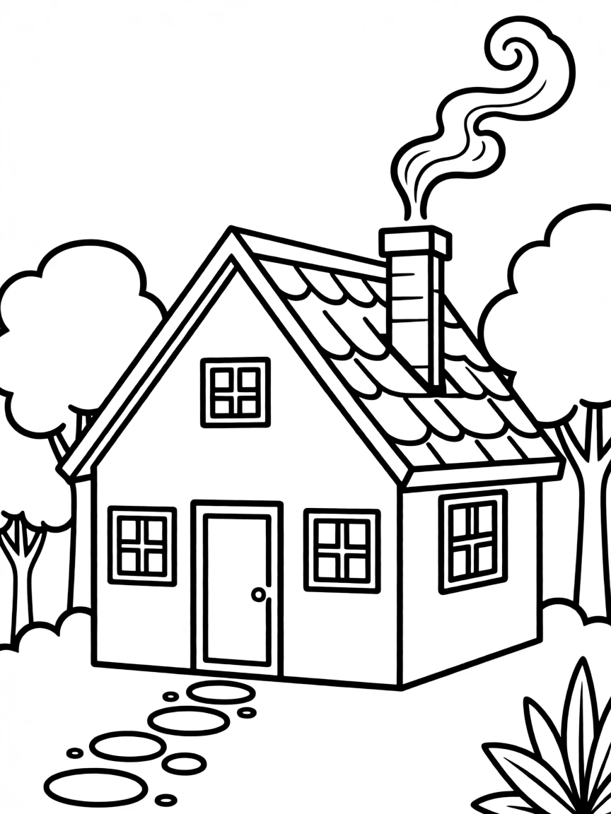 A house with a smoking chimney.