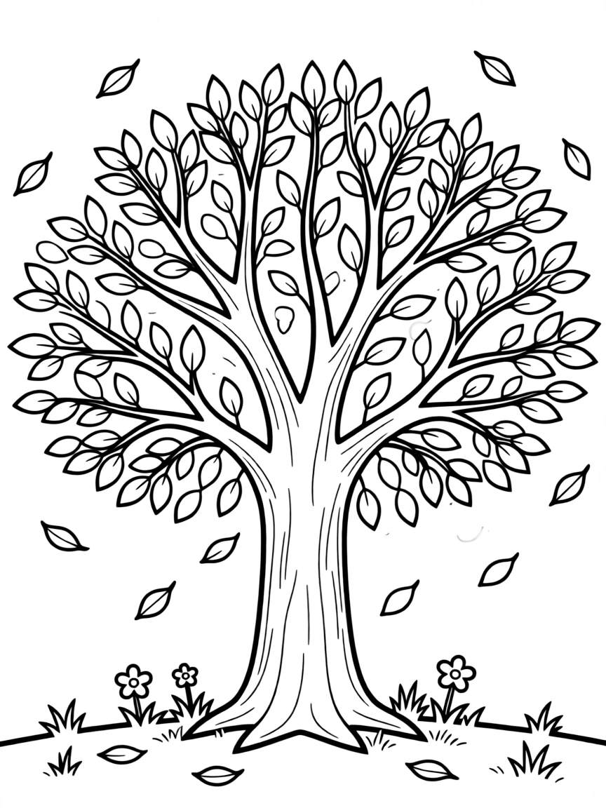 A happy tree with leaves falling.