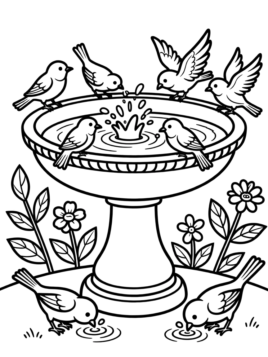 A bird bath with birds splashing.