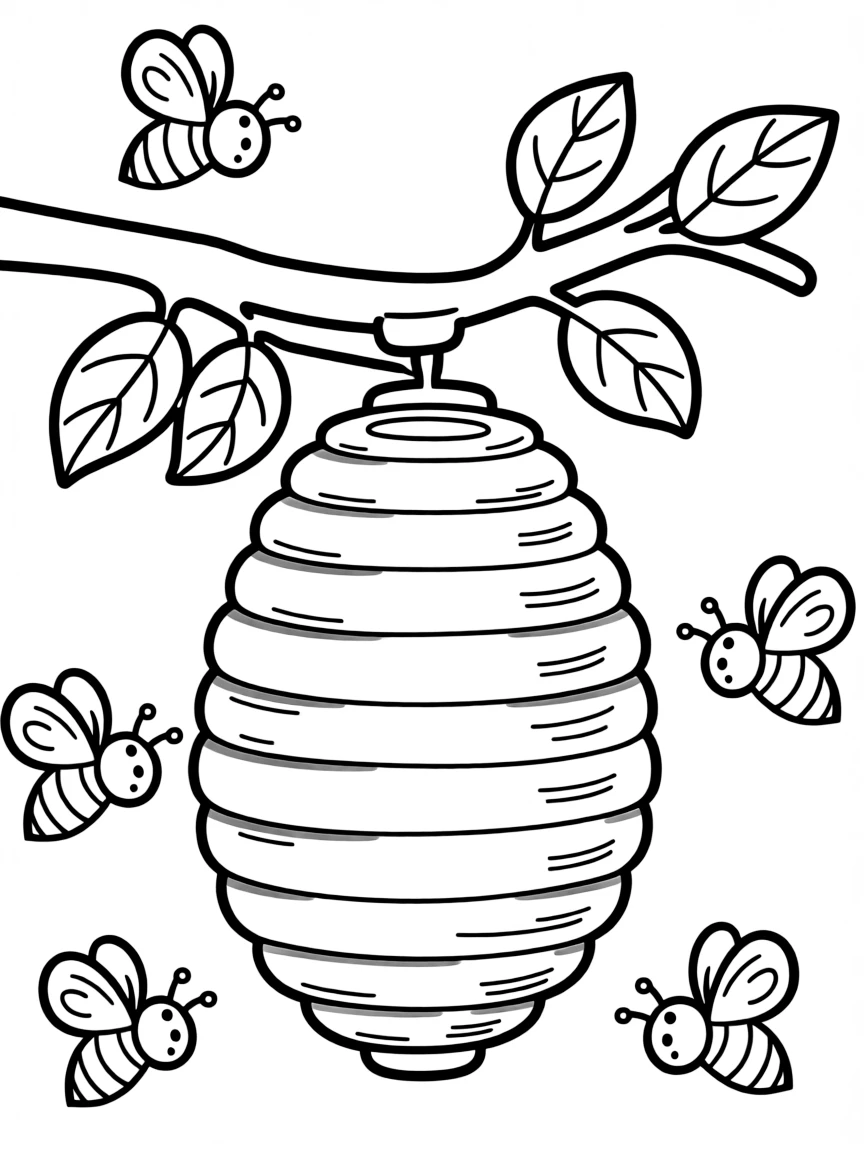 A beehive with bees flying around.