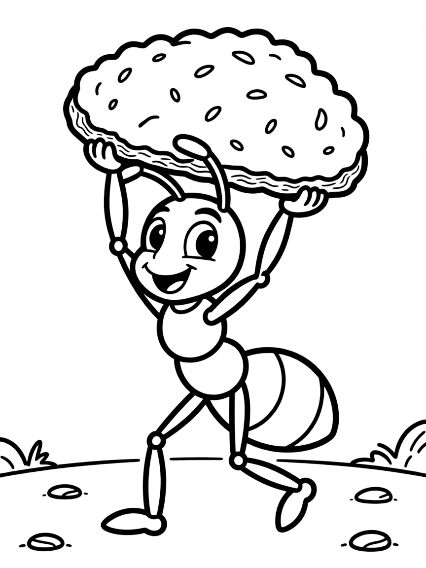A happy ant carrying a crumb.