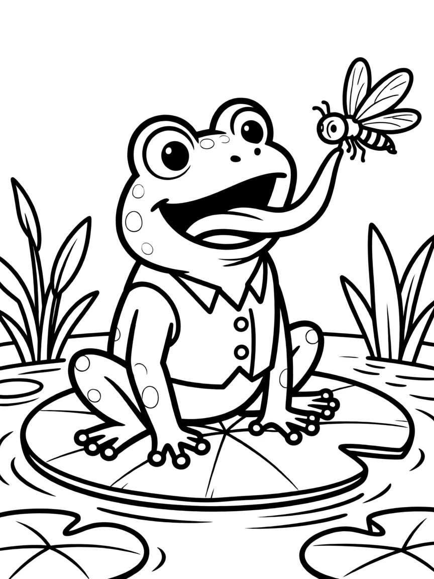 A happy frog catching a fly with its tongue.