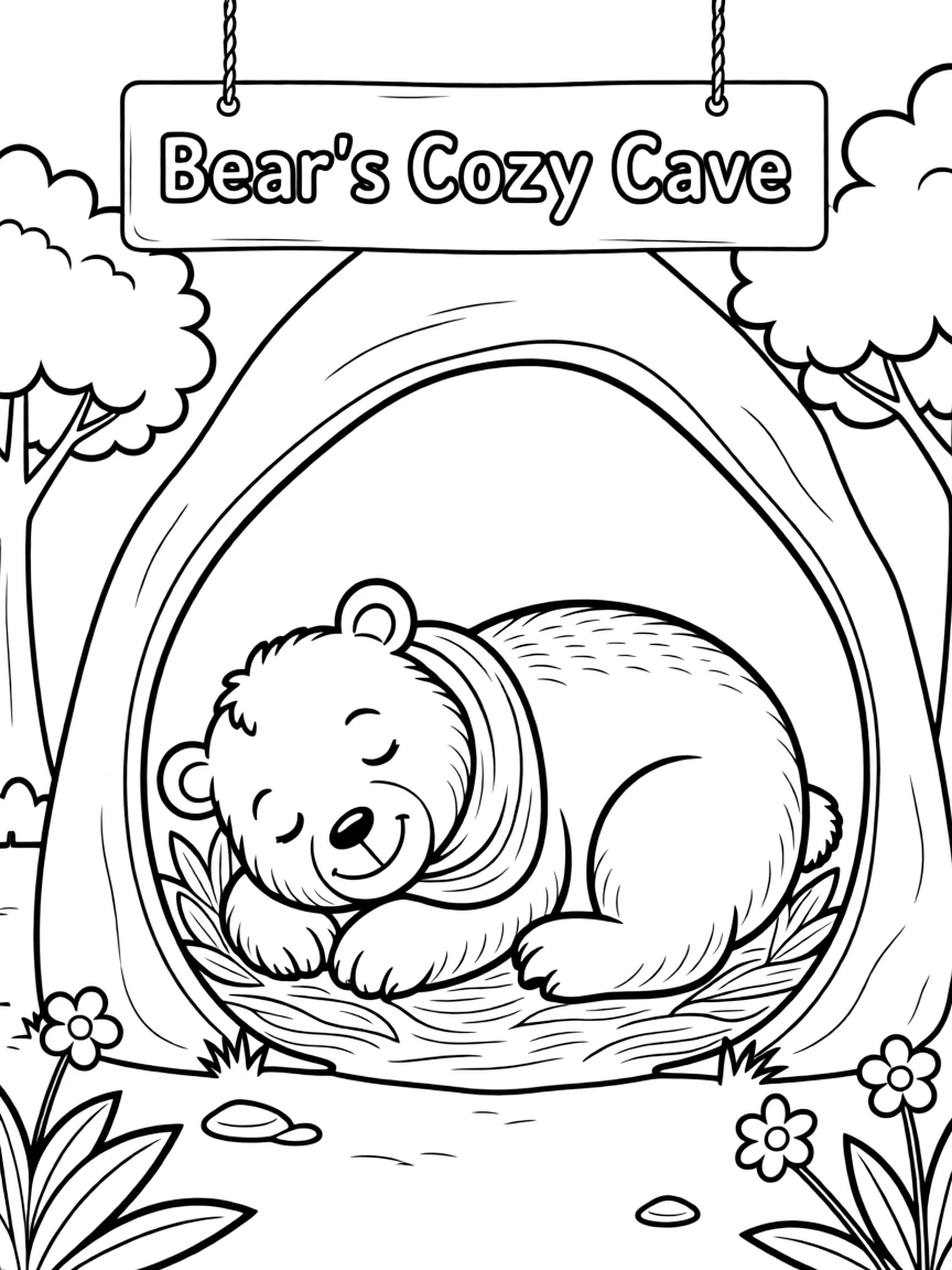 A happy bear sleeping in a cave.