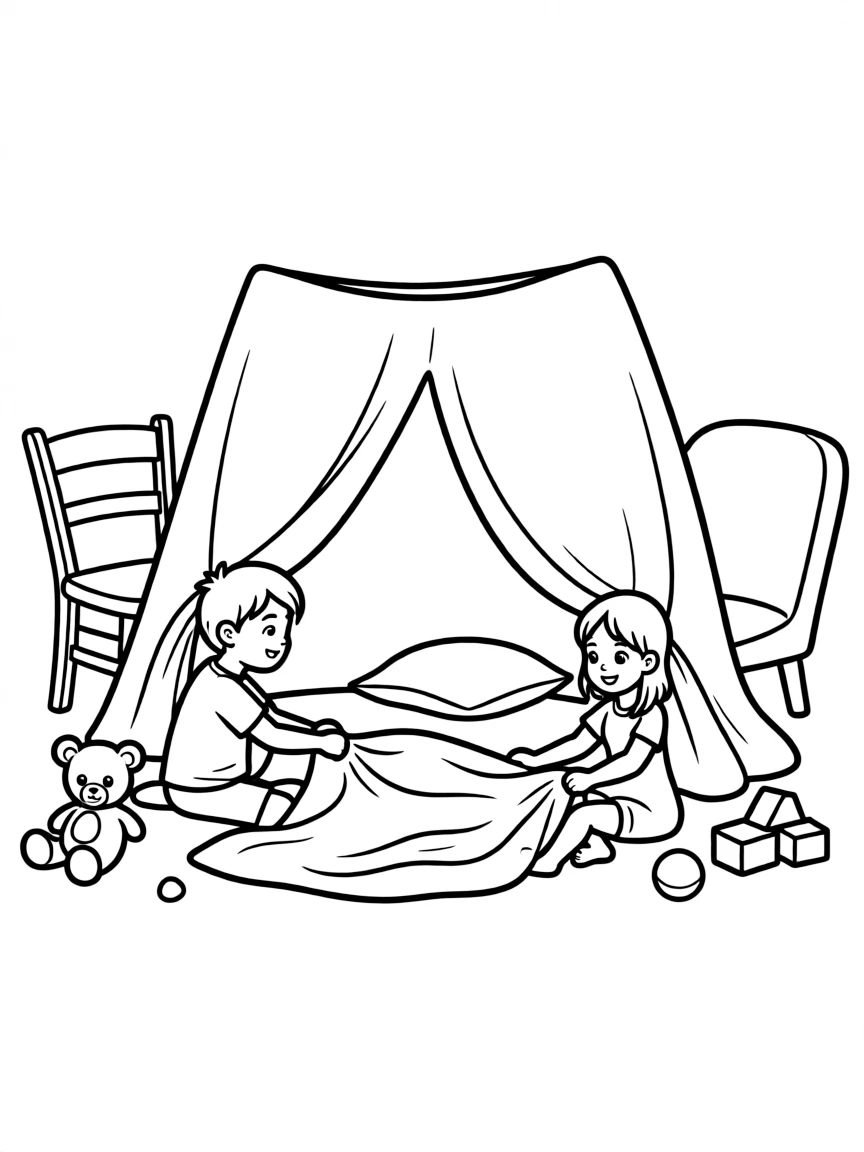 A little boy and girl building a fort with blankets.