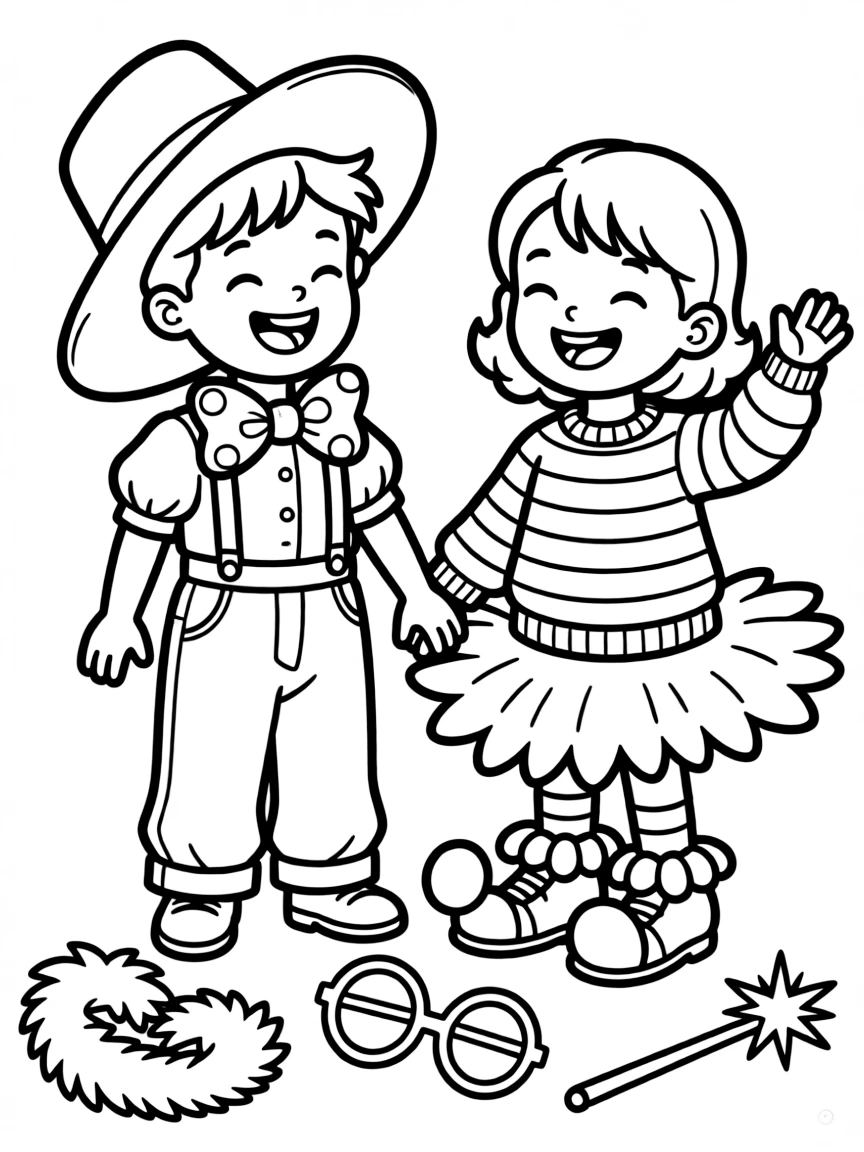 Children playing dress-up with silly clothes.