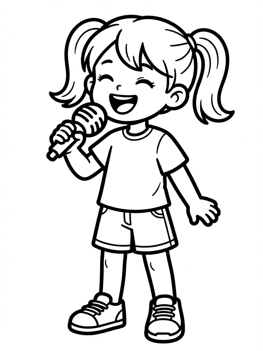 A child singing into a toy microphone.