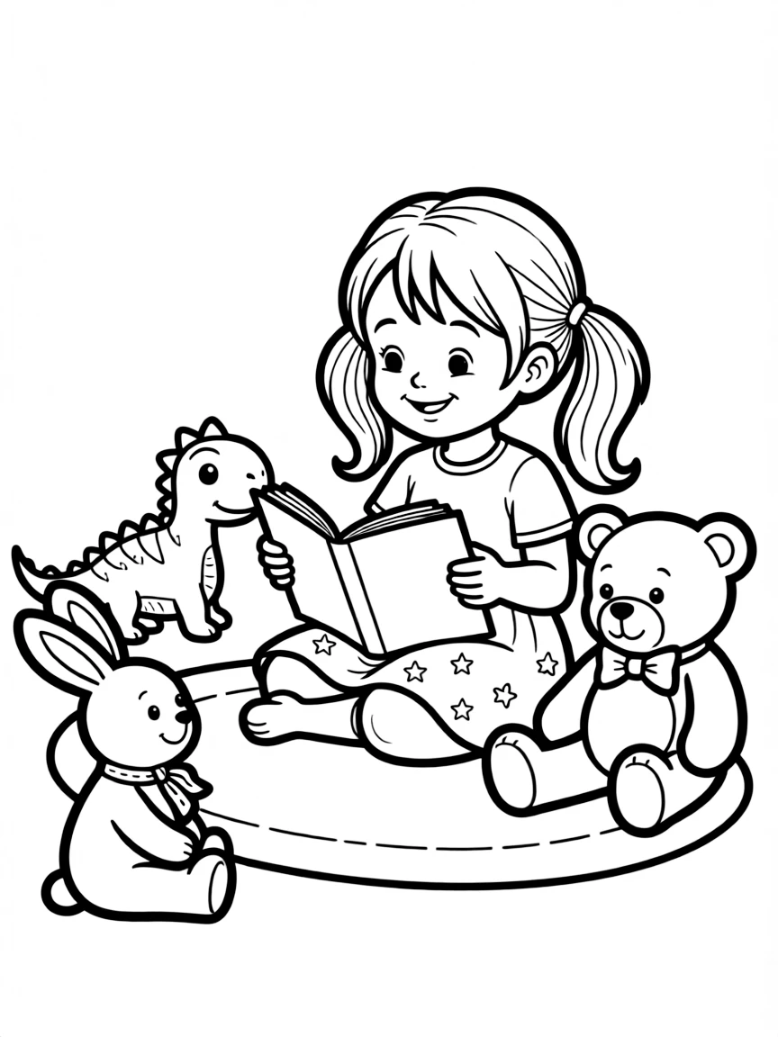 A little girl reading a story to her toys.