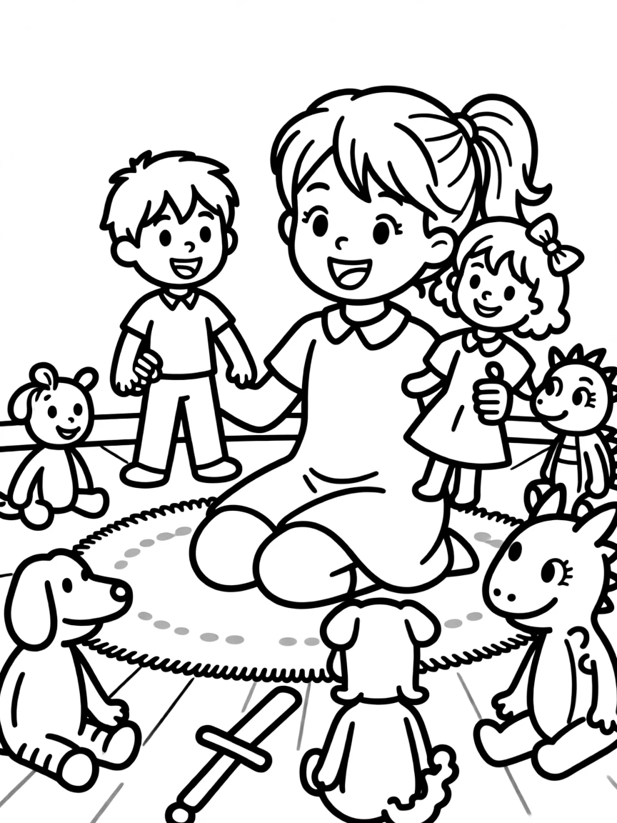 A child telling a story with puppets.