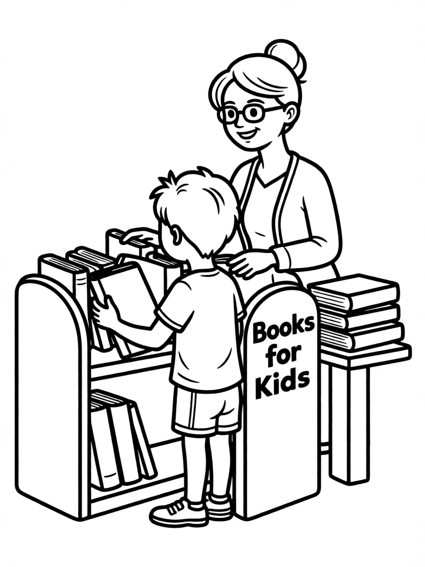 A librarian helping a child choose a book.