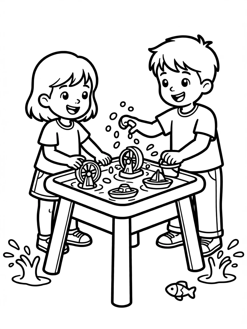 Children playing with water table toys.