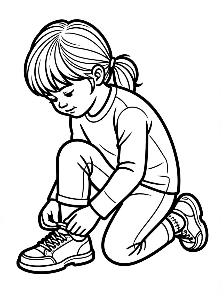 A child tying a shoelace.