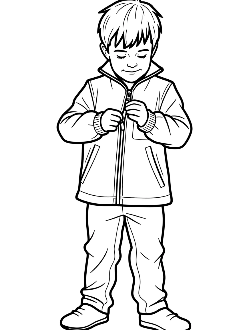 A child zipping up a jacket.