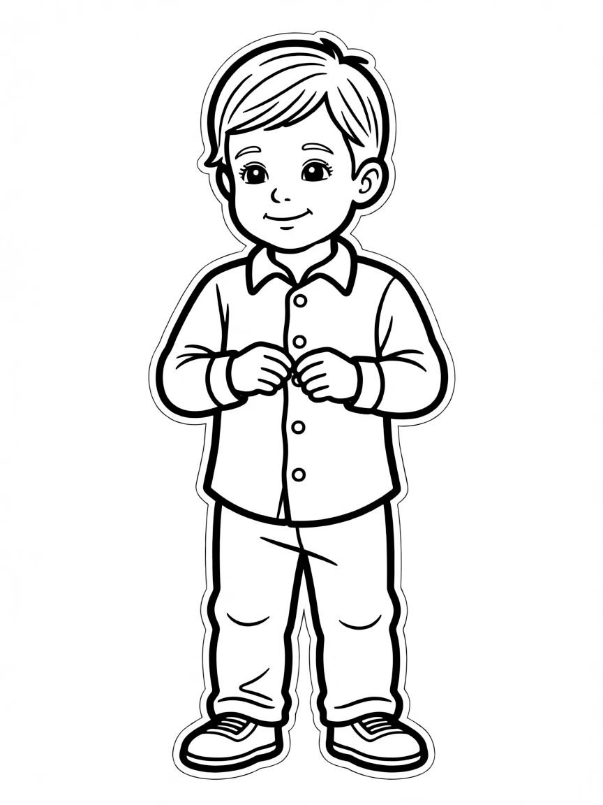 A child buttoning a shirt.