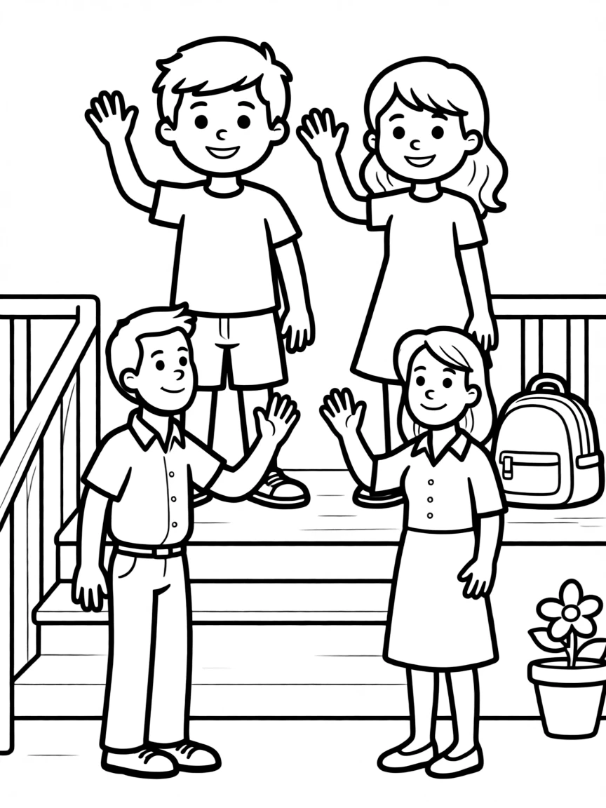 Children waving goodbye to their parents.