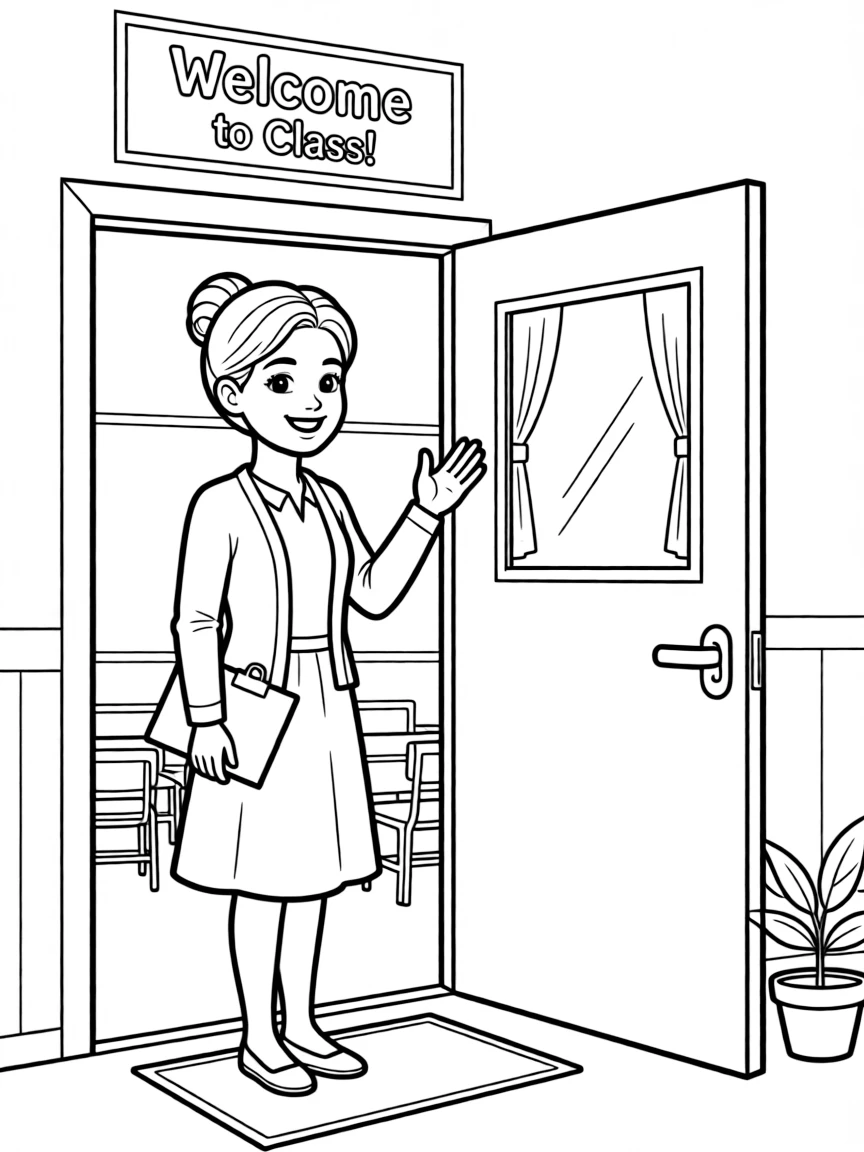 A teacher greeting children at the classroom door.