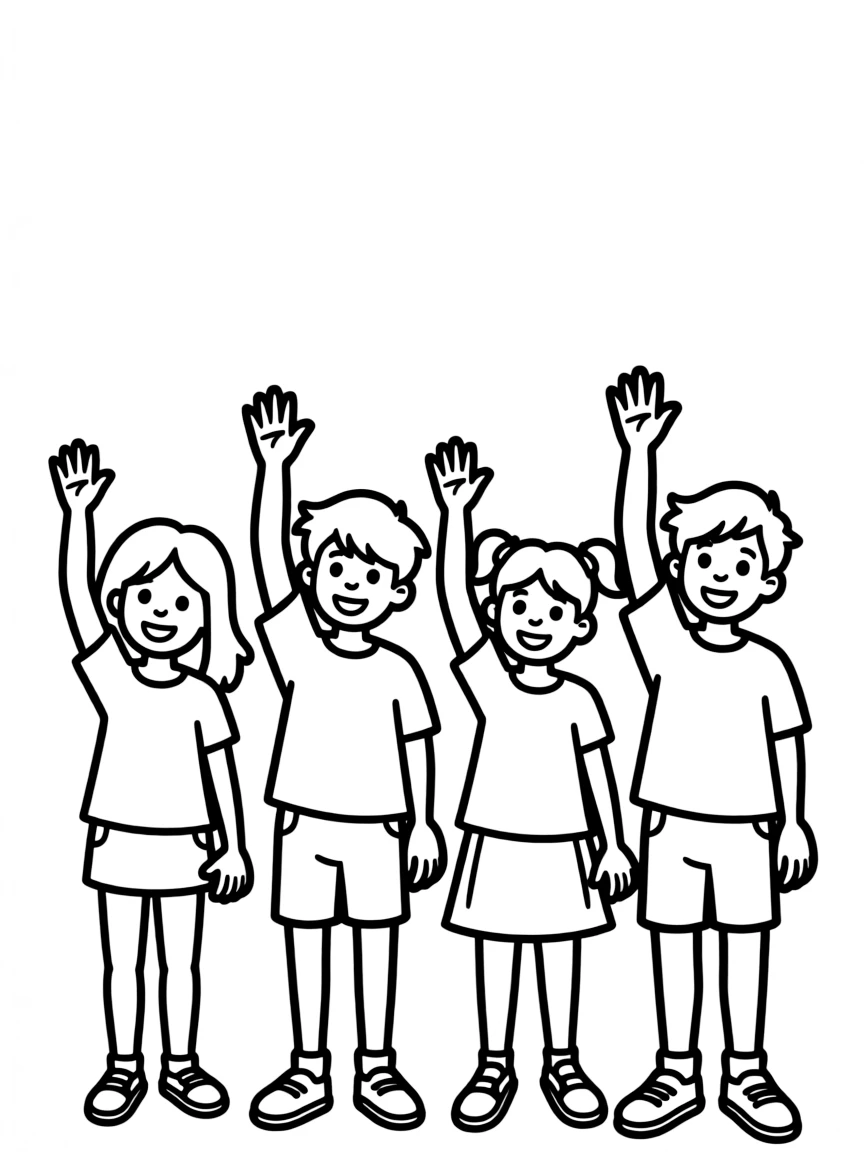 Children raising their hands to share ideas.