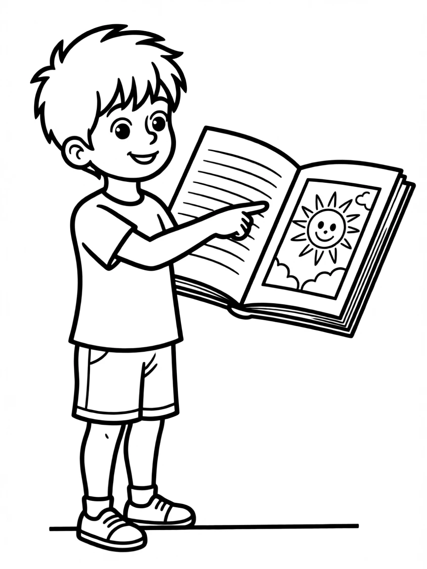 A child pointing to a picture in a book.