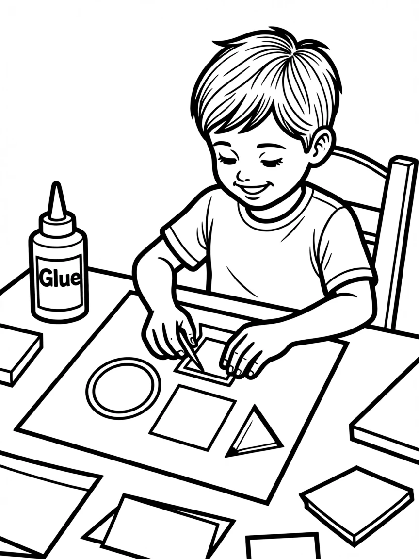 Children gluing shapes onto paper.