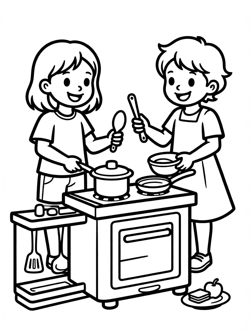 Children playing with a toy kitchen.