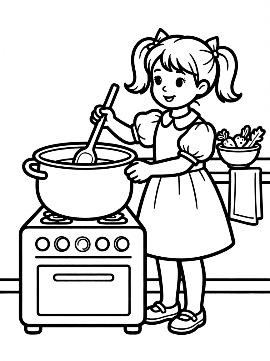 A little girl stirring a pot.