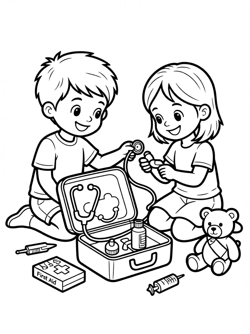 Children playing with a toy doctor's kit.