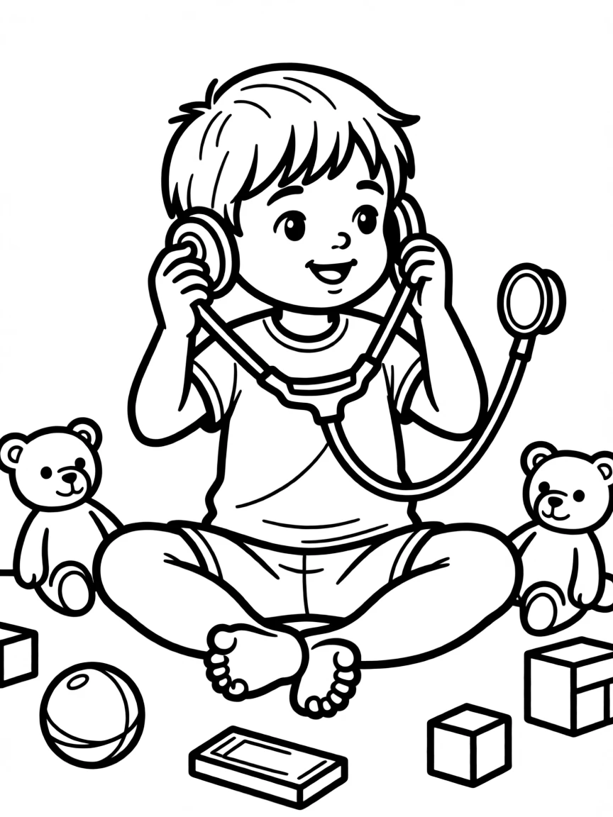 A child listening to a toy stethoscope.